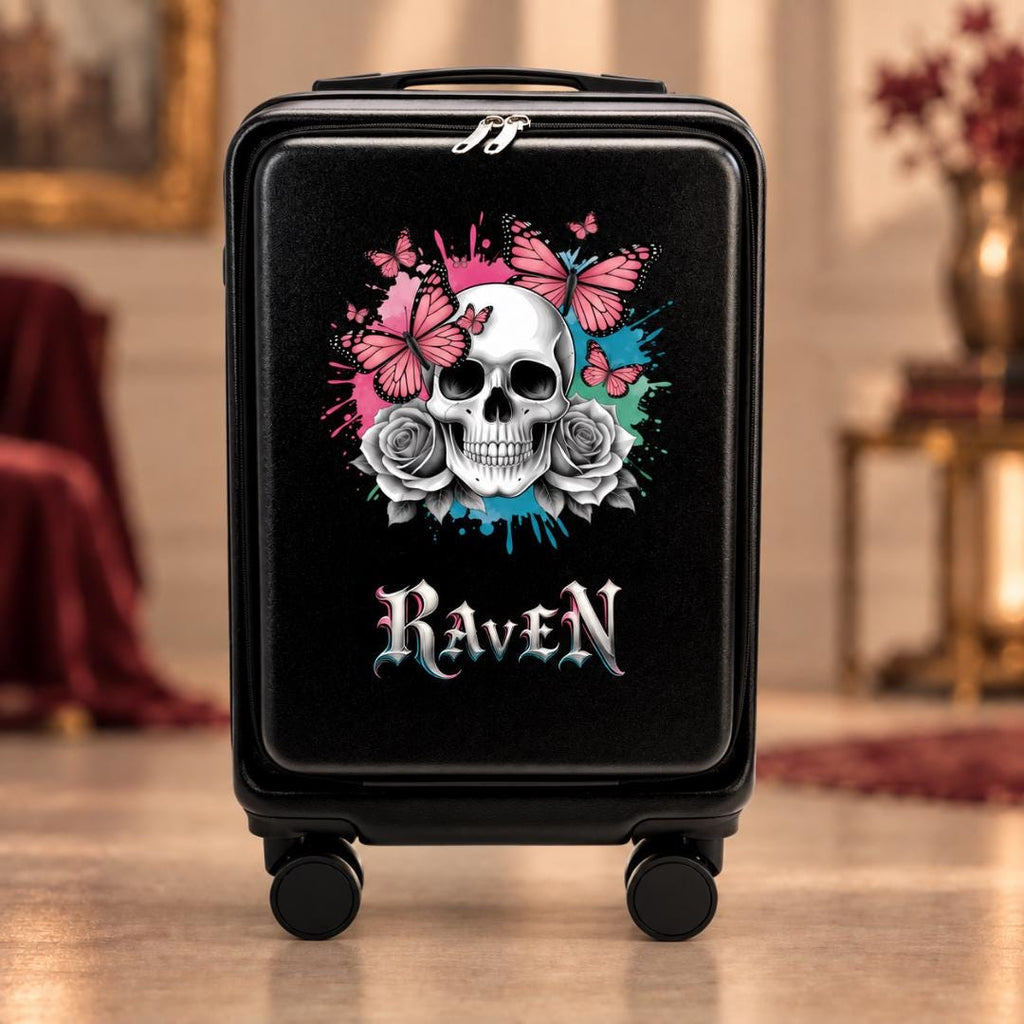 Black gothic carry-on suitcase with a skull, gray roses, pink butterflies and example name Raven