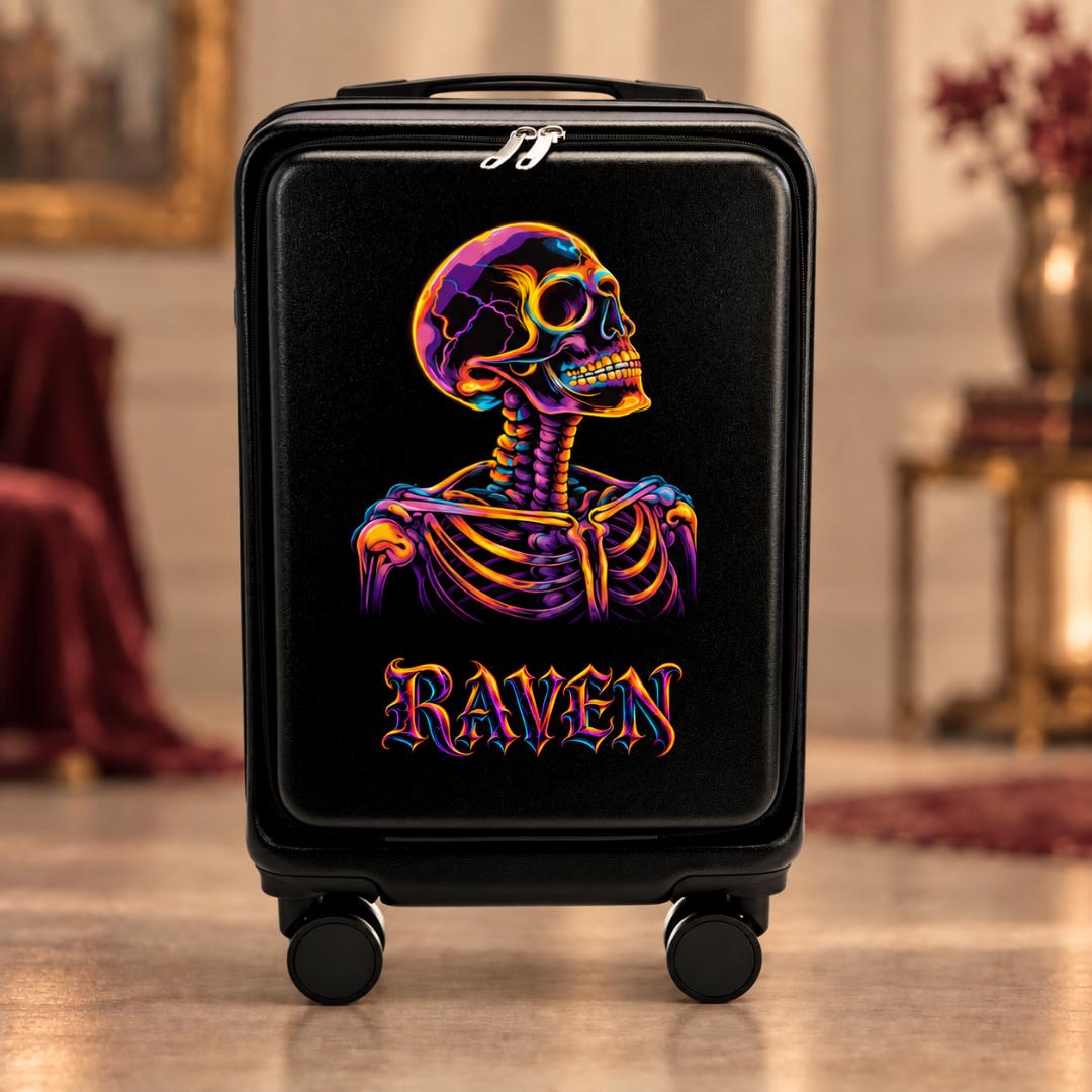 Black gothic carry-on suitcase with a neon-colored skeleton portrait and example name Raven in matching lettering