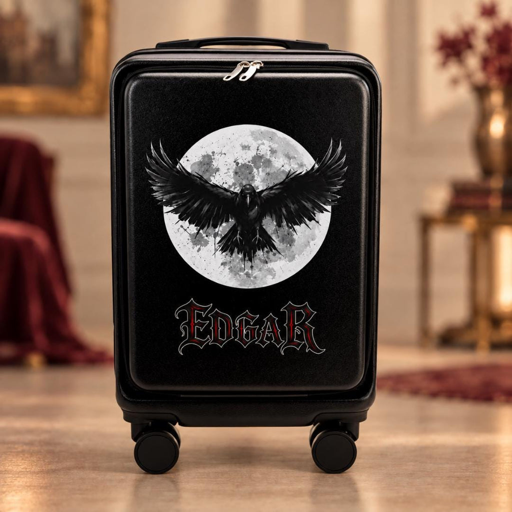 Black gothic carry-on suitcase with a spread-wing raven against a full moon and example name Edgar