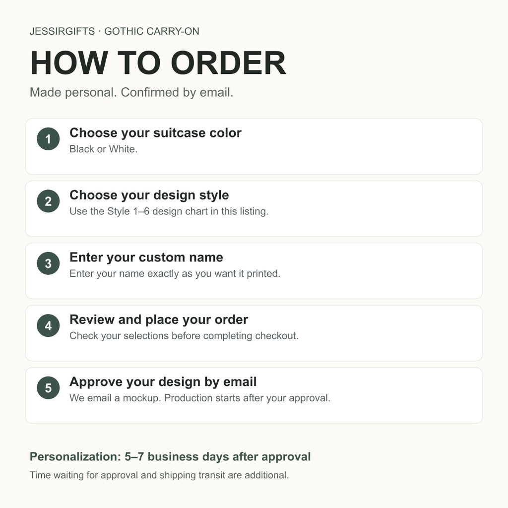 Gothic skull luggage ordering guide: choose Black or White and design style 1–6, enter your name, and approve your design by email