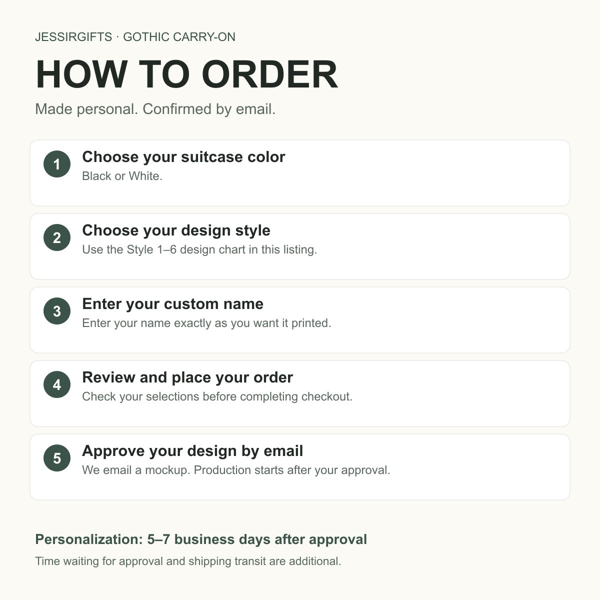 Gothic skull luggage ordering guide: choose Black or White and design style 1–6, enter your name, and approve your design by email