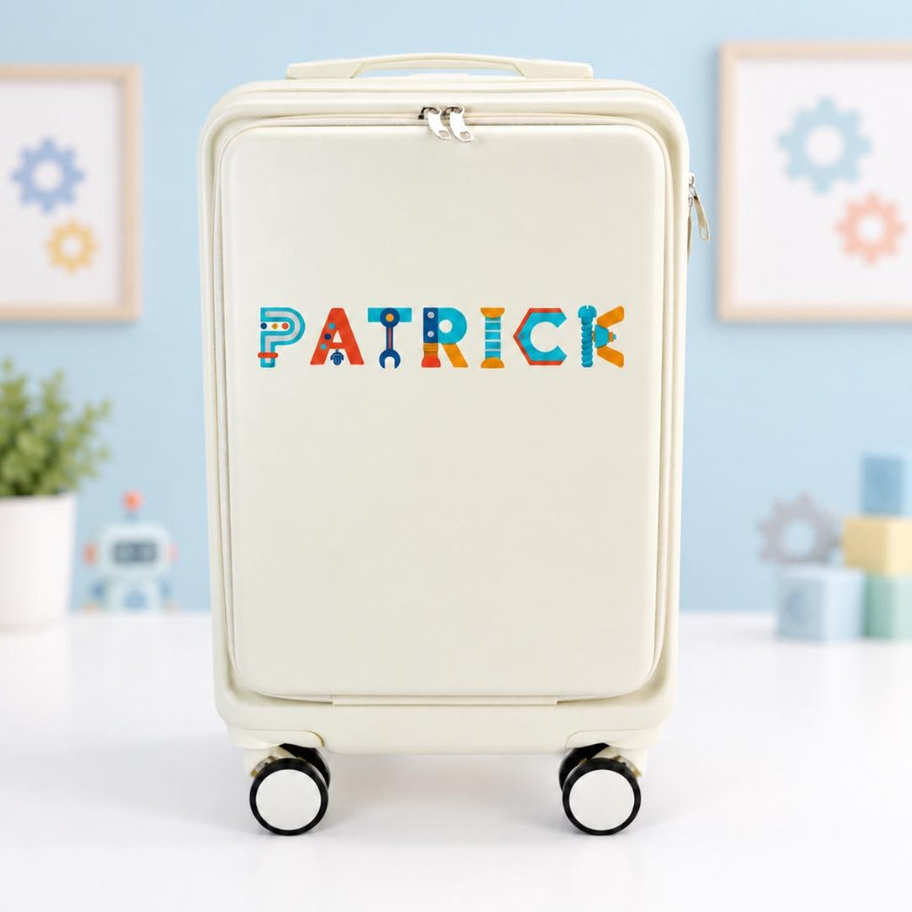 White personalized carry-on suitcase with example name Patrick in colorful tool-themed lettering across the front