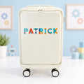 White personalized carry-on suitcase with example name Patrick in colorful tool-themed lettering across the front