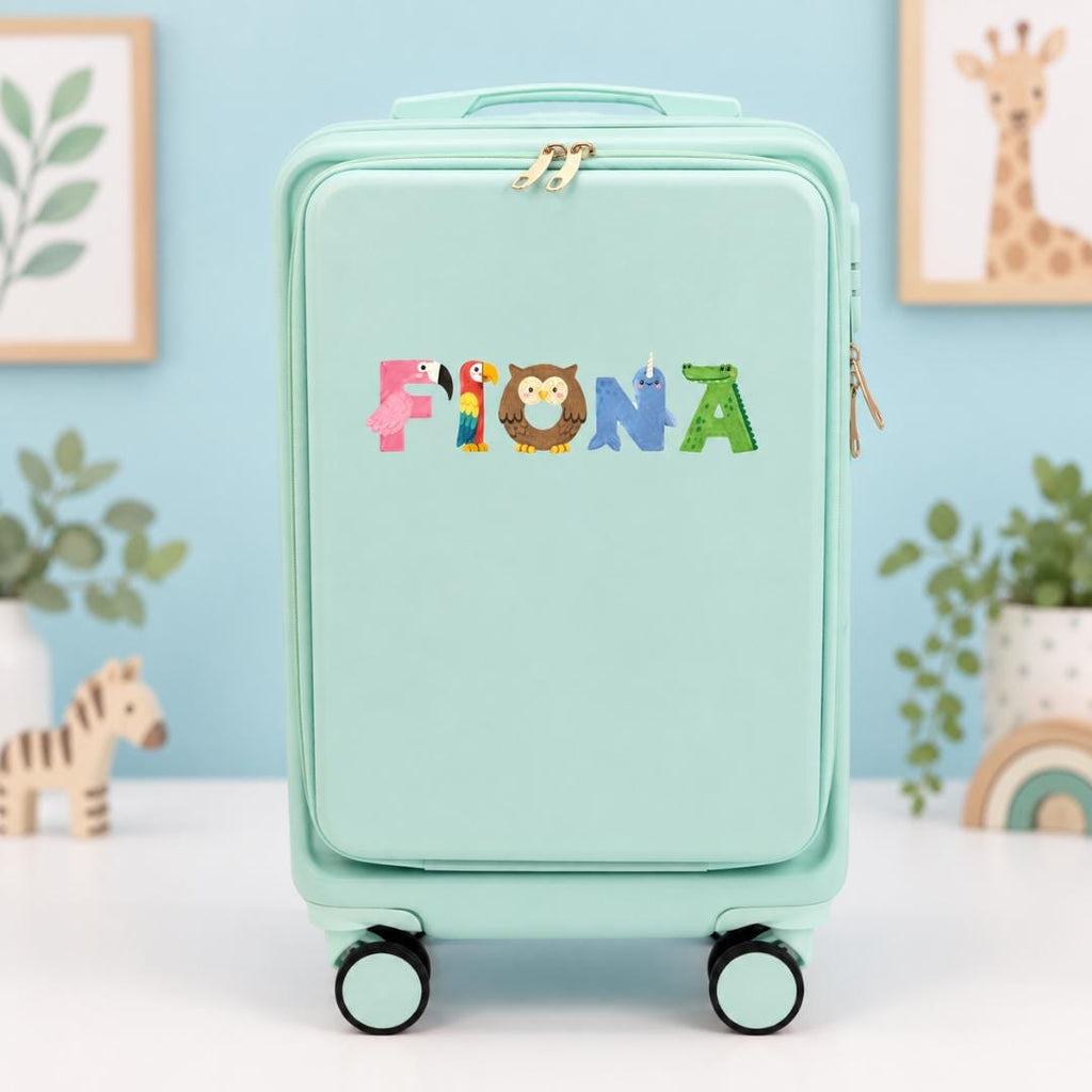 Mint green personalized carry-on suitcase with example name Fiona in colorful animal-themed lettering
