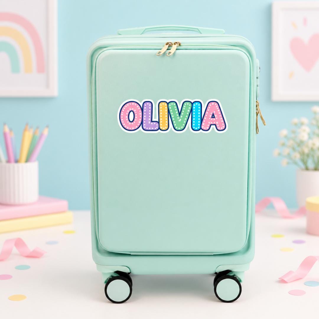 Mint green personalized carry-on suitcase with example name Olivia in multicolored patterned bubble letters