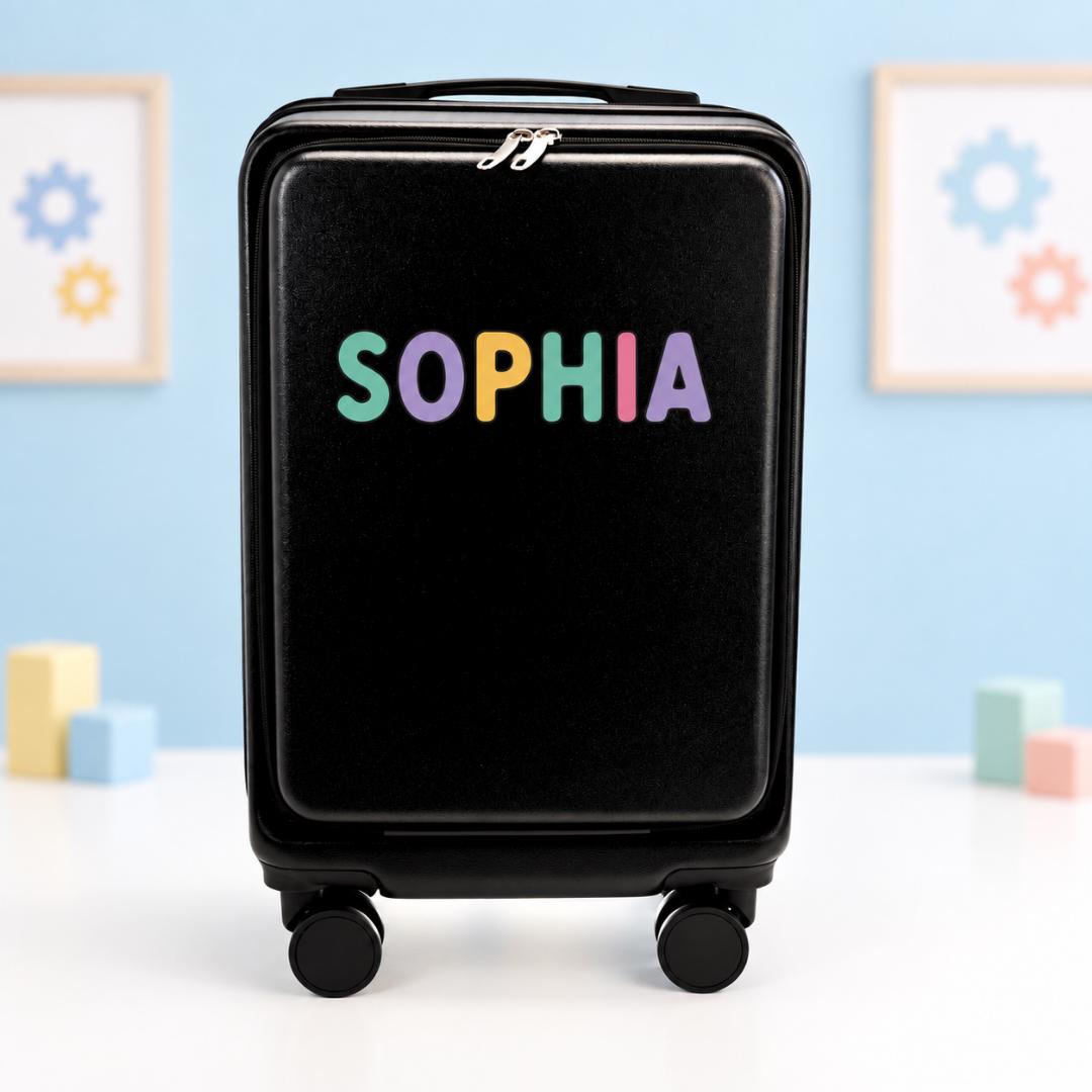 Black personalized carry-on suitcase with example name Sophia in rounded pastel lettering