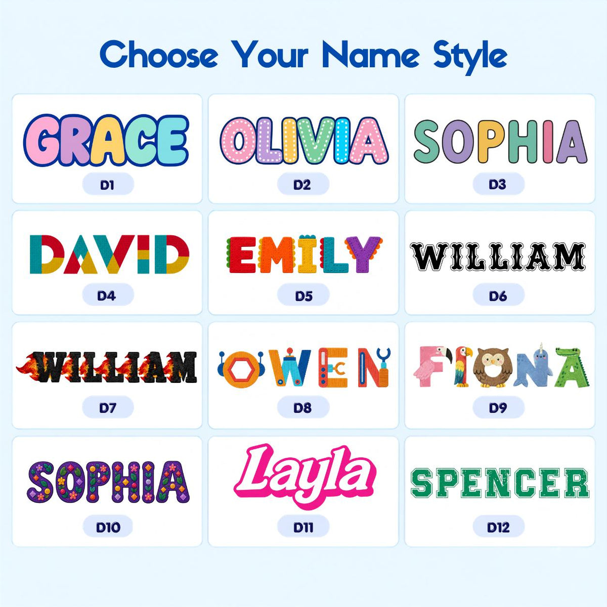 Choose Your Name Style chart with twelve personalized lettering designs labeled D1 through D12