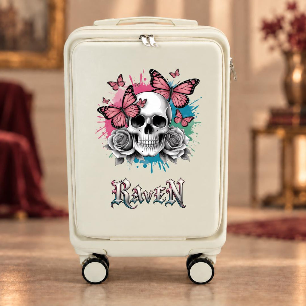 White gothic carry-on suitcase with a skull, gray roses, pink butterflies and example name Raven