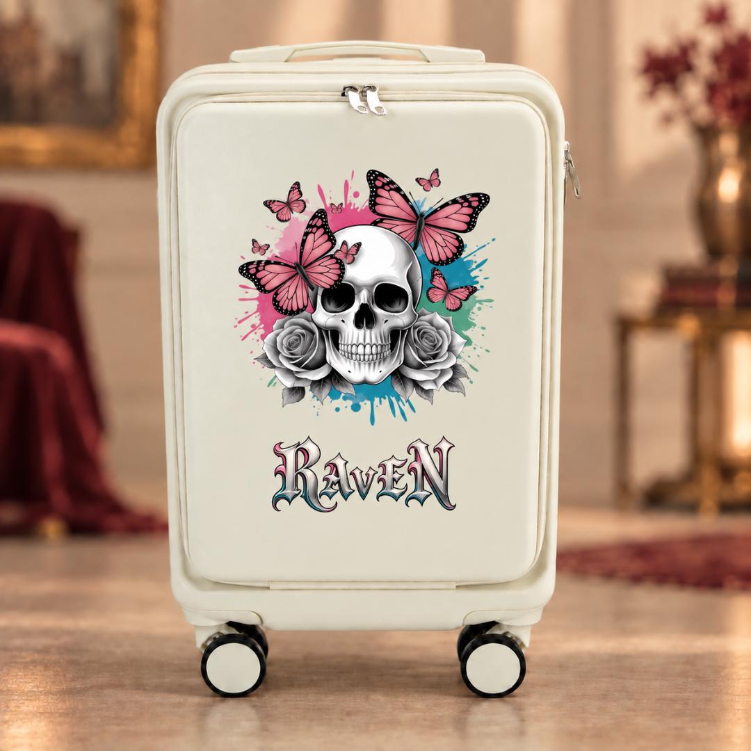 White gothic carry-on suitcase with a skull, gray roses, pink butterflies and example name Raven