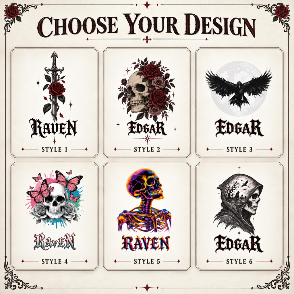 Six gothic luggage designs labeled styles 1–6: dagger and rose, skull and roses, raven, butterfly skull, neon skeleton and hooded skull