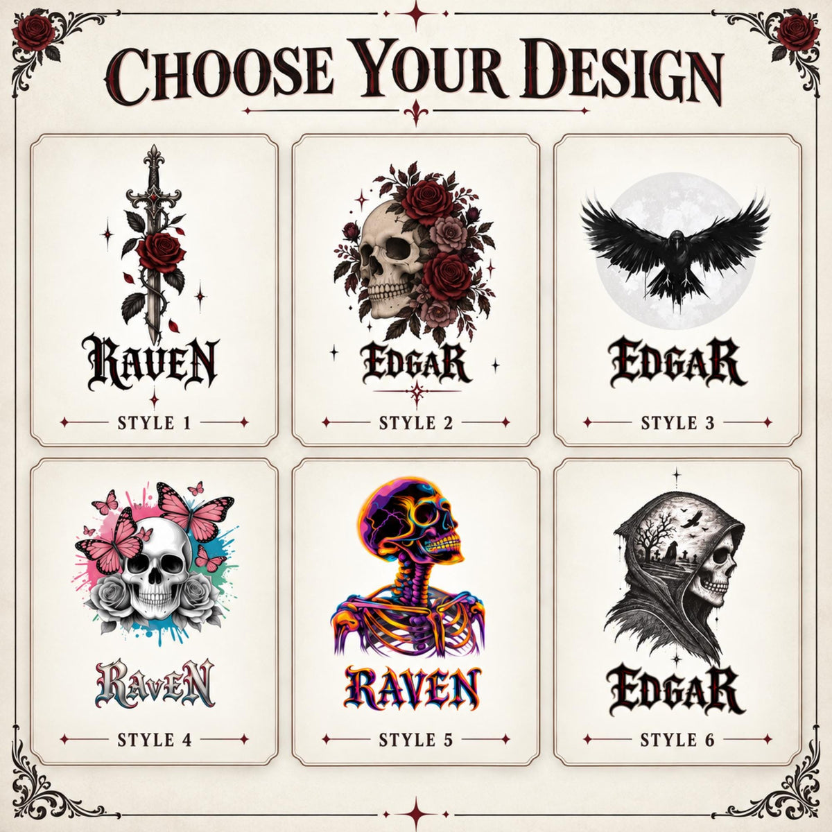 Six gothic luggage designs labeled styles 1–6: dagger and rose, skull and roses, raven, butterfly skull, neon skeleton and hooded skull