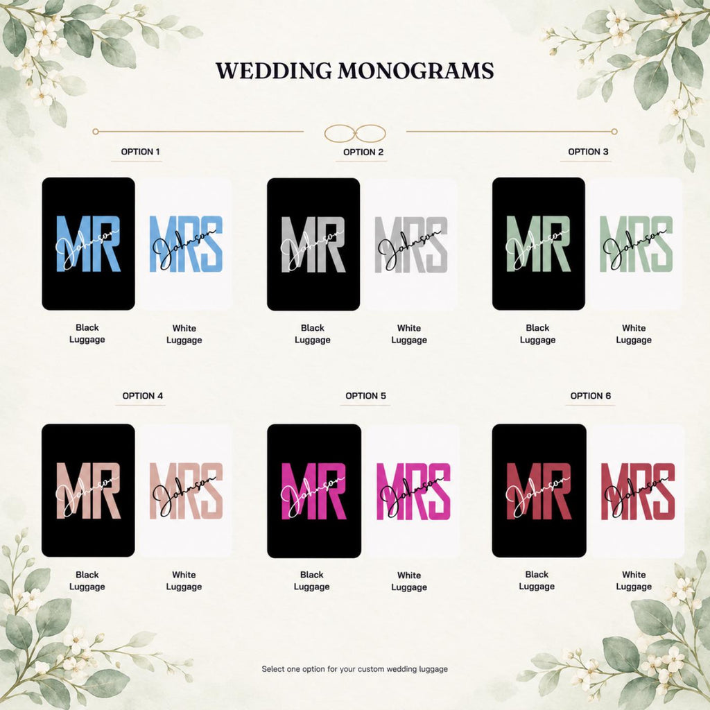 Wedding monogram chart with six Mr and Mrs lettering color options shown on black and white suitcase mockups