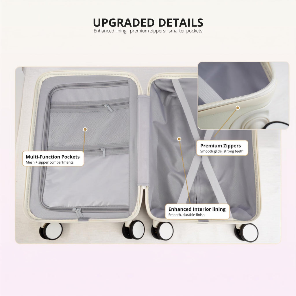 Open carry-on suitcase interior with labeled pockets, zippers, lining and cross straps under an Upgraded Details heading